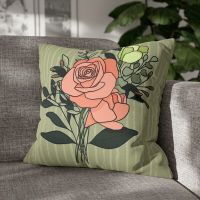 Peach Rose Bouquet Celery Striped Square Pillow CASE ONLY, 4 sizes available, Floral throw pillow, Farmhouse Country Decor - image1